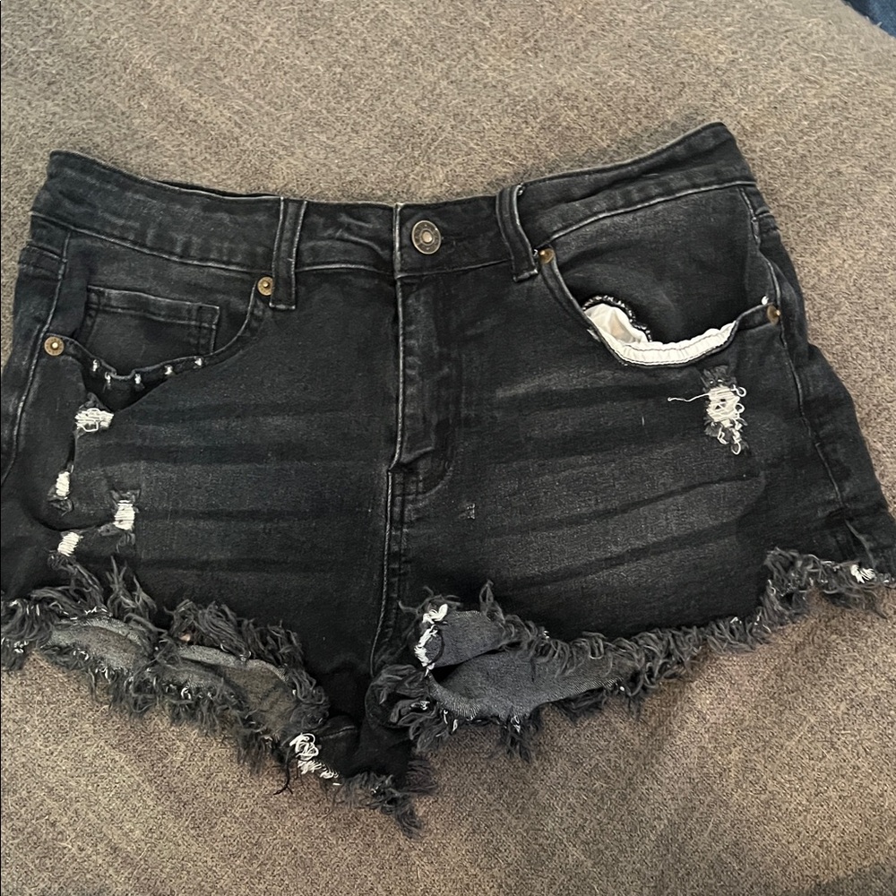 Distressed Black Denim Shorts
